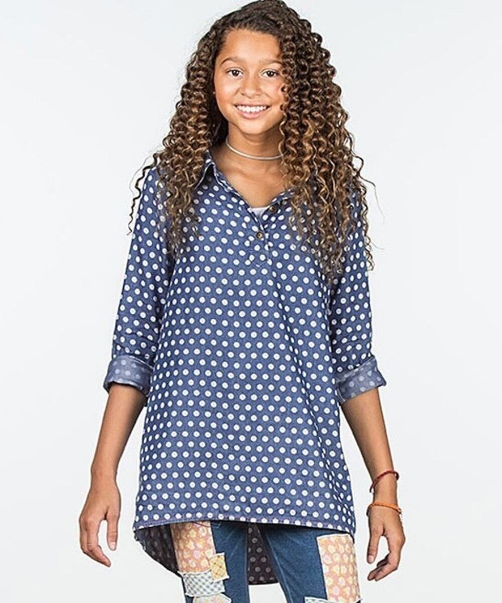 435 Matilda Jane From The Heart Chambray Polka Dot Tunic Top Blue White Youth 14